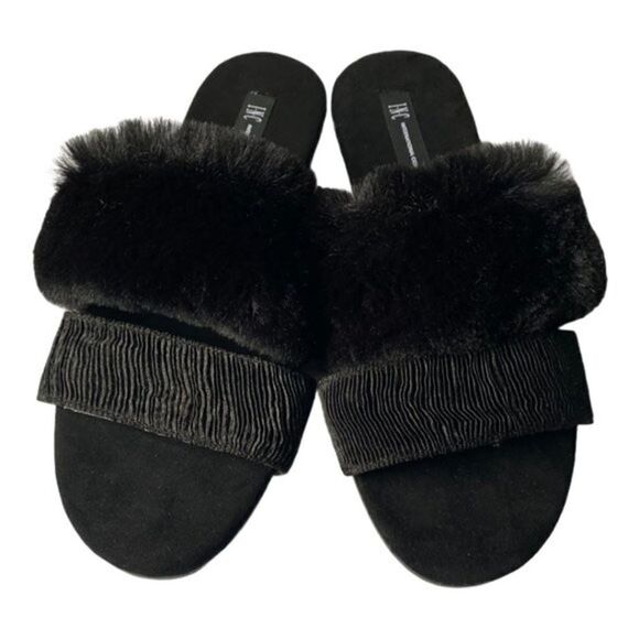 INC Womens Double Band Black Faux Fur Slippers - Picture 1 of 3